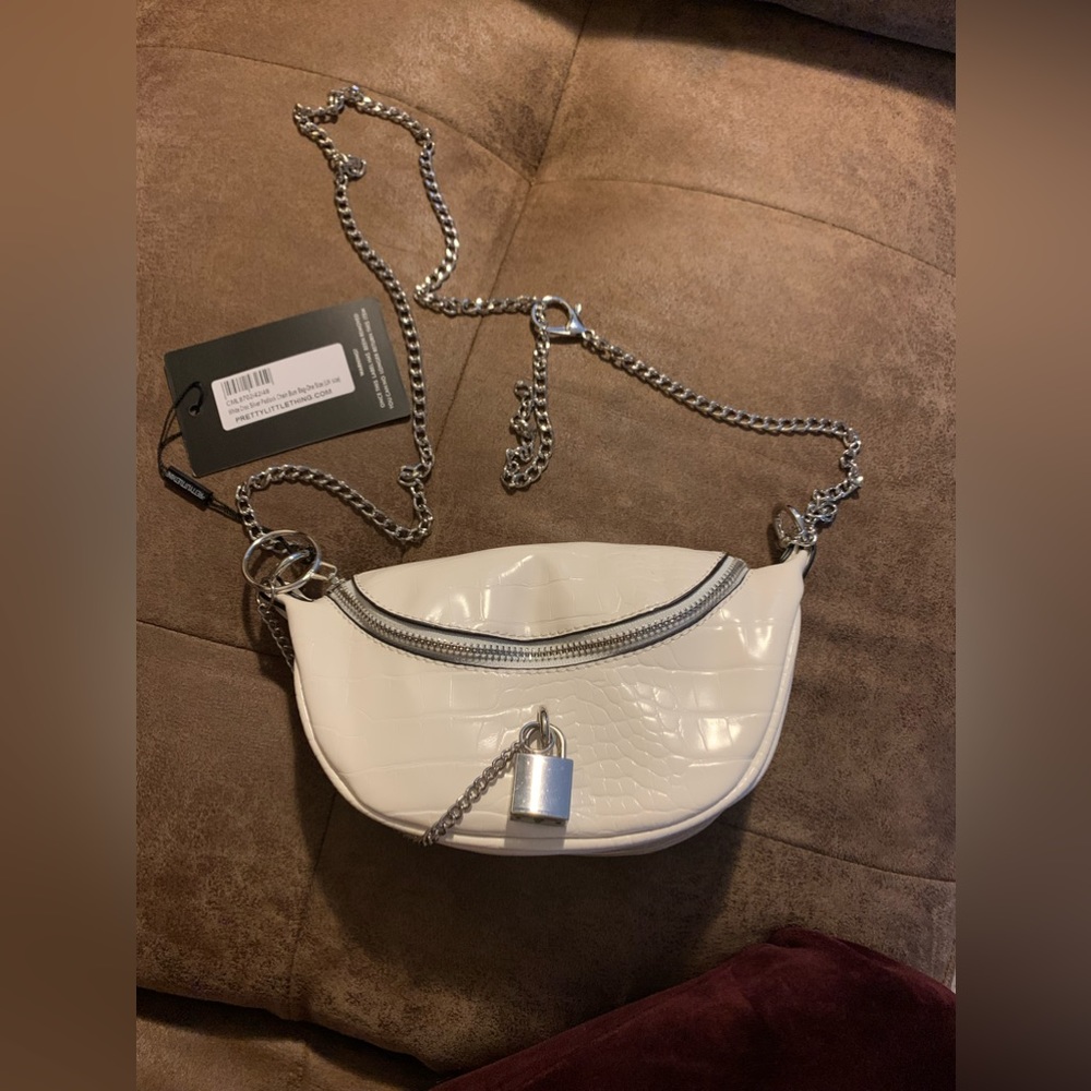 White Croc Silver Padlock Chain Bum Bag